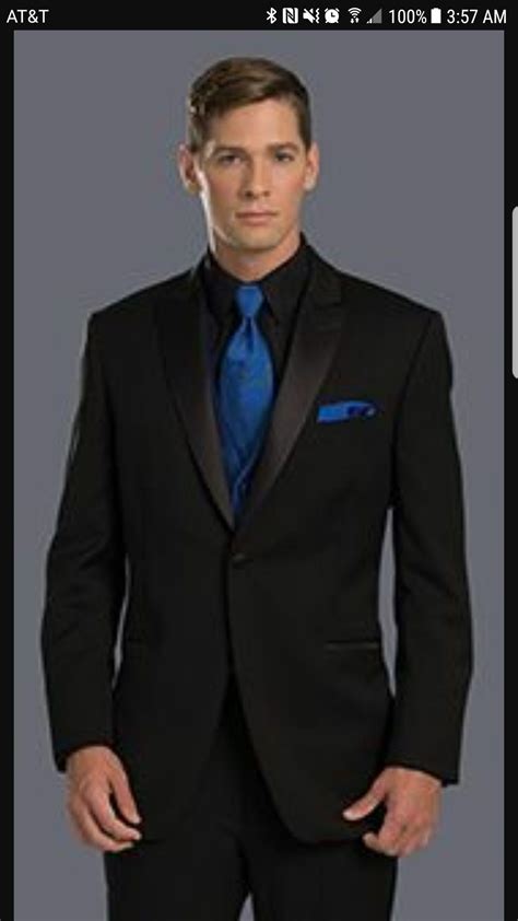 black suit royal blue tie.